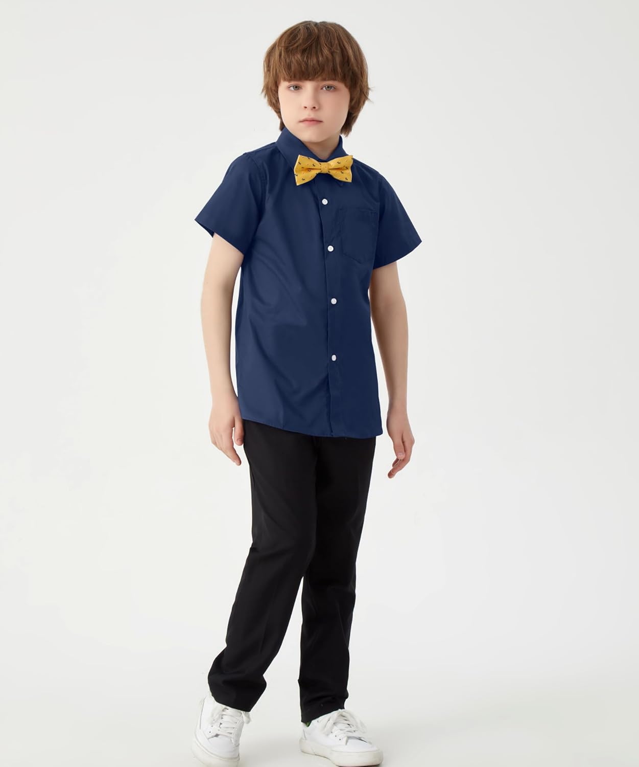 Size S....Boys Short Sleeve Dress Shirts Solid Poplin Soft Stretch Fabrics with Two Bow Tie Set